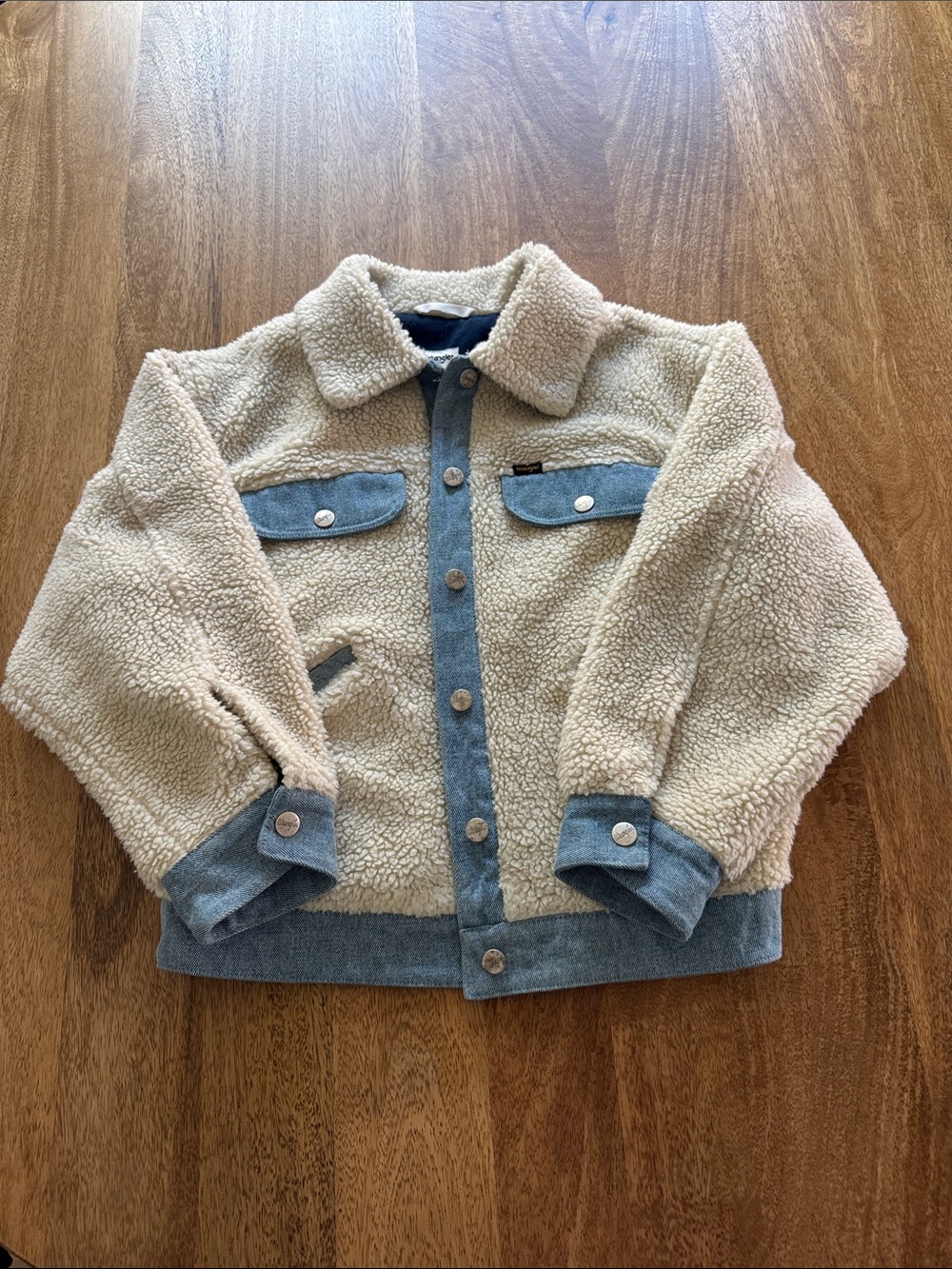 Wrangler Cream Sherpa Jacket with Light Blue Denim Trim